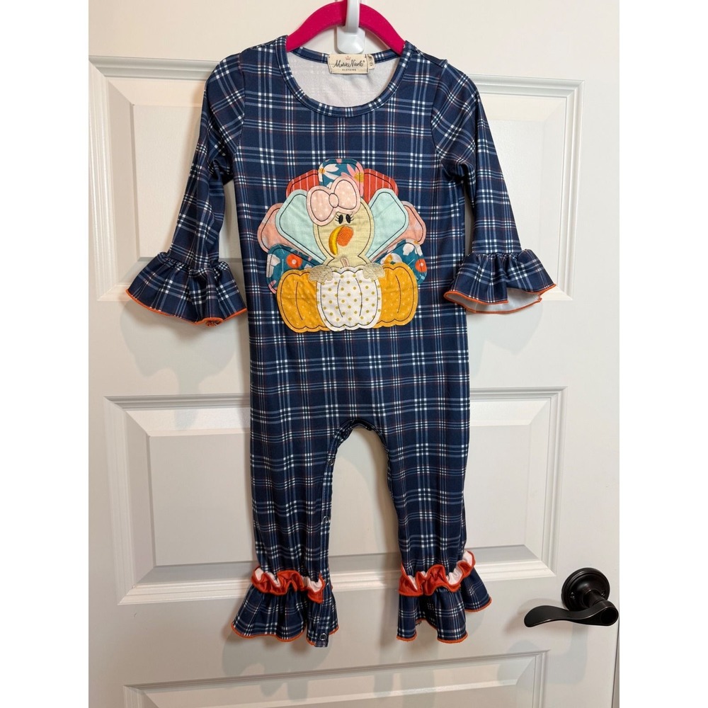 48. Marie Nicole Clothing Girls Navy Plaid Turkey Applique Ruffle Romper 12-18M